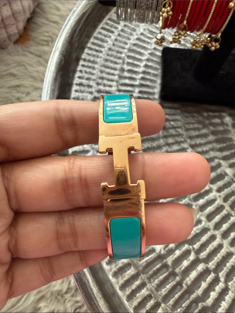 Hermes Gold-Tone Bracelet with Turquoise Enamel